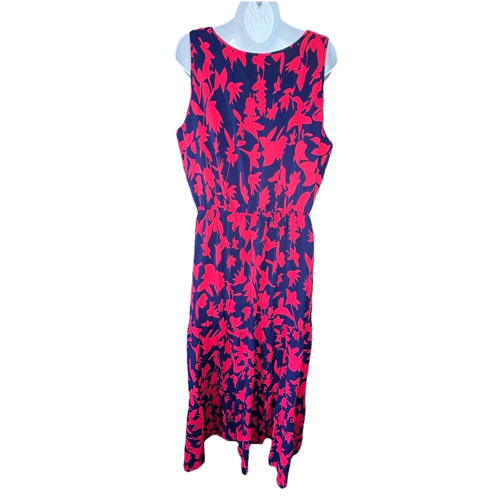 Floral Maxi Dress Size XL Navy Pink V-Neck Elastic Waist Summer Long Dress - Picture 3 of 7
